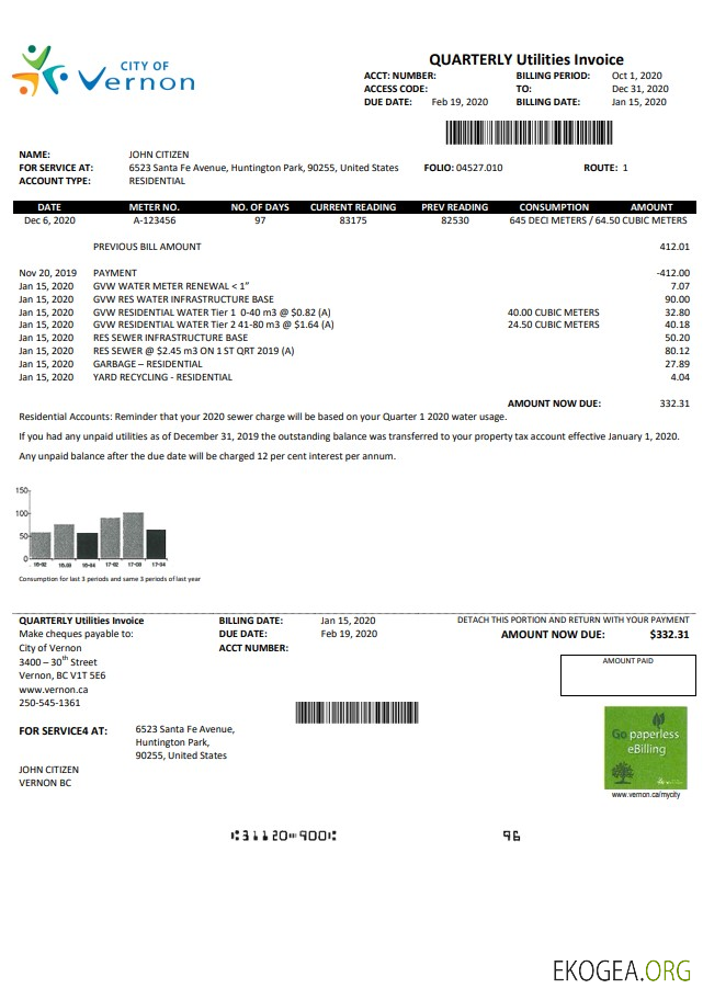 USA Canada City of Vernon water utility bill template in Word and PDF format